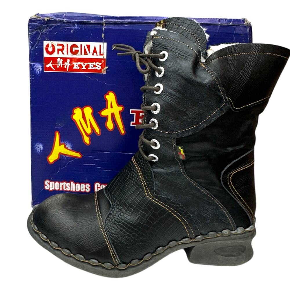 TMA EYES Black Croc Embossed Leather Winter Combat Boots Fur Lined Women's 9